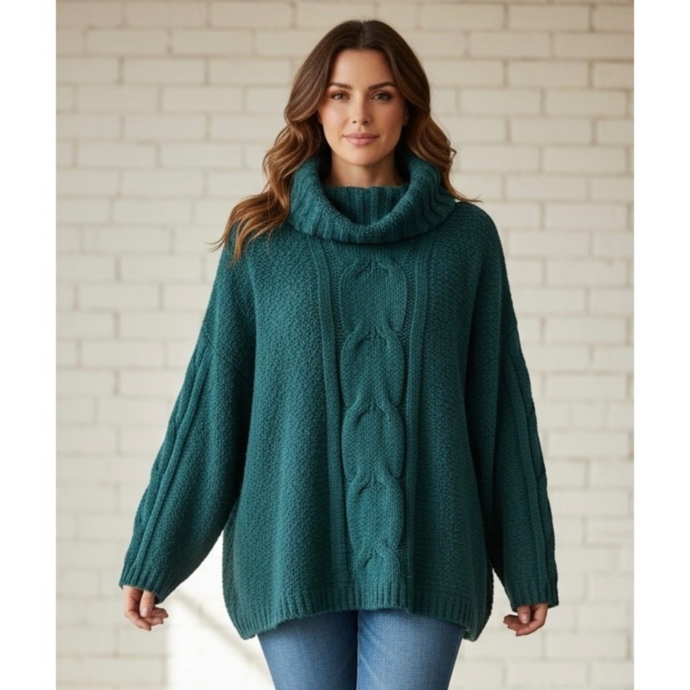 Seven‎ 7 Teal Cable Knit Turtleneck Sweater Womens Oversized Cozy XL EG